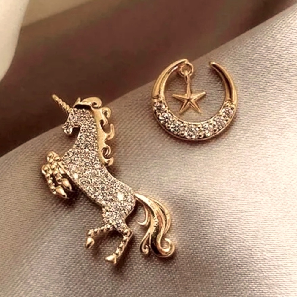Unicorn & Moon Asymmetrical Crystal & Cubic Zircon Stud Earrings